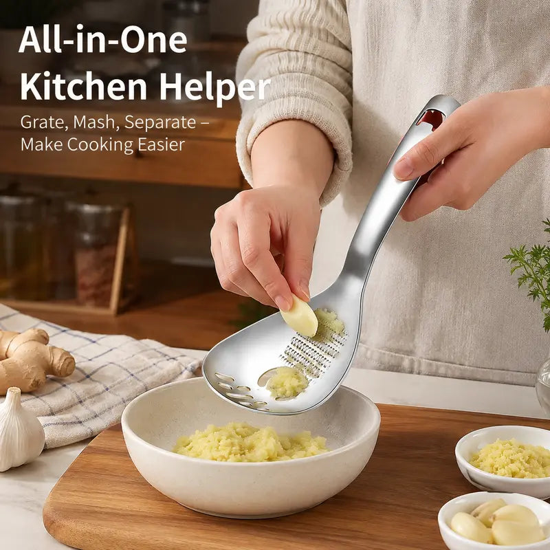 🍳 4-in-1 304 Stainless Steel Kitchen Spoon ✨ Separate, Grate, Mash & Serve