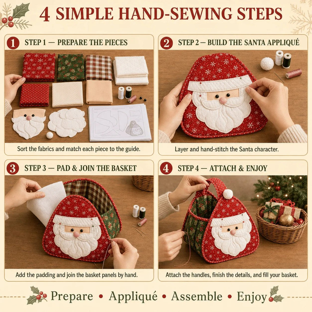 💯⏳  49% OFF – 🎄 Christmas Character Quilted Carry Basket | Padded Patchwork Fabrics, Layered Appliqué & Soft Carry Handle in DIY Kit or Ready-Made Styles 🎁✨