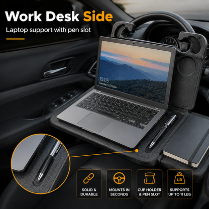 2-in-1 Car Steering Wheel Desk - Black ABS Plastic Food & Laptop Tray