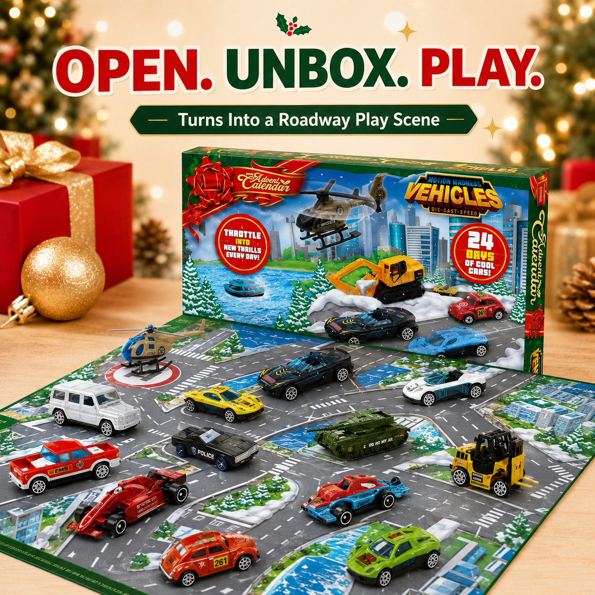 🚗 24-Day Christmas Vehicle Advent Calendar with Fold-Out Play Scene 🚁
