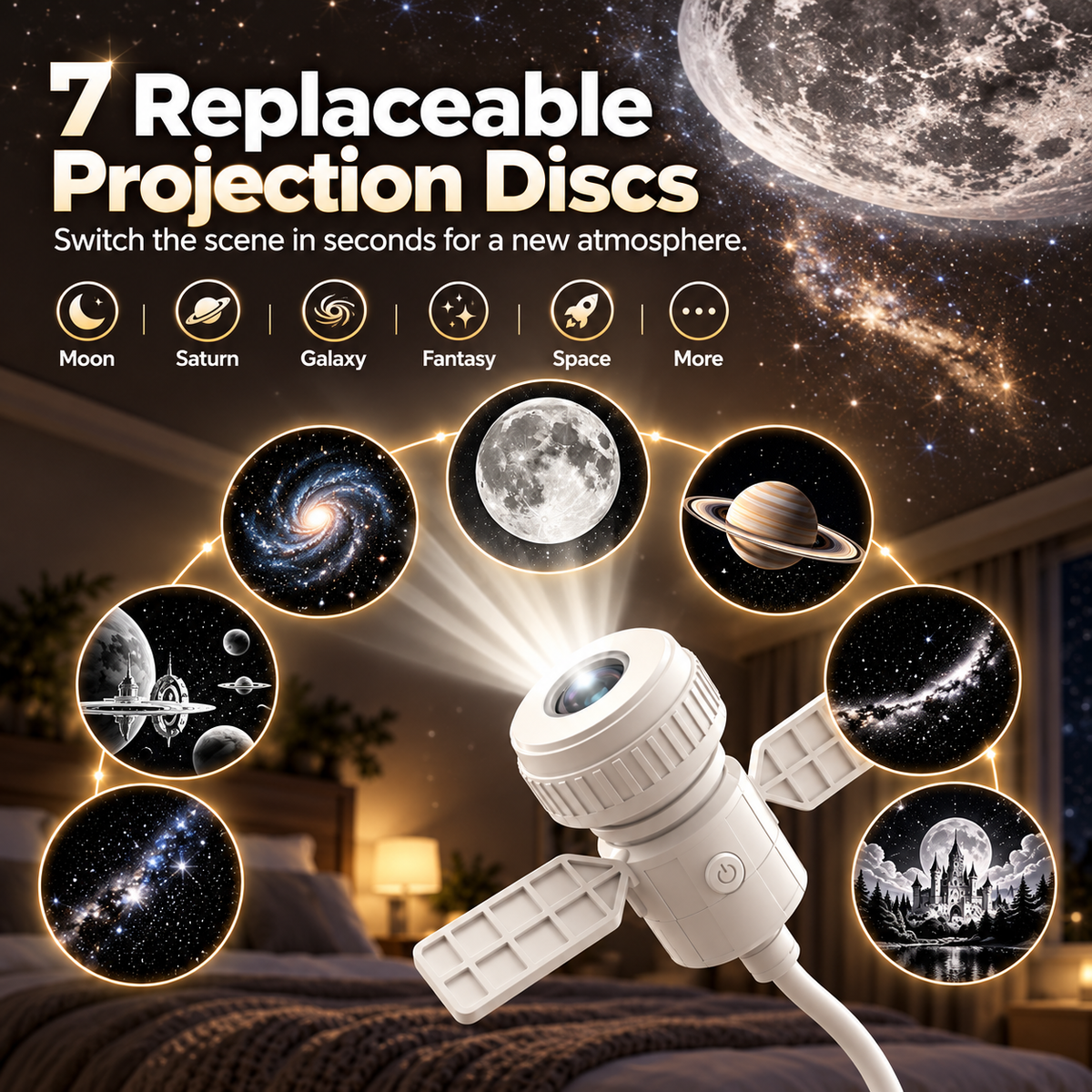 7-Pattern Star Projector Night Light – USB Galaxy Ceiling Lamp for Bedroom