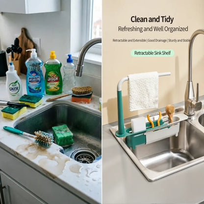 🧽 2-in-1 Telescopic Sink Organizer Rack – Expandable Sponge, Soap & Cloth Holder 🌿