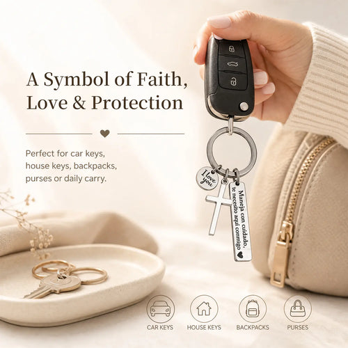 Maneja Con Cuidado Te Necesito Aquí Conmigo Keychain with Cross & I Love You Charm Spanish
