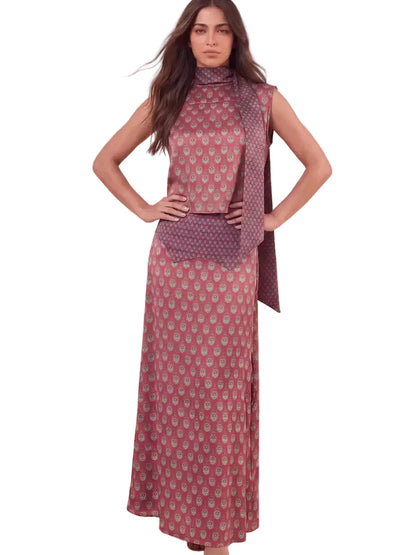 Elegant Retro Print Satin Two-Piece Set – Sleeveless Scarf Neck Halter Top & Flowing Maxi Skirt