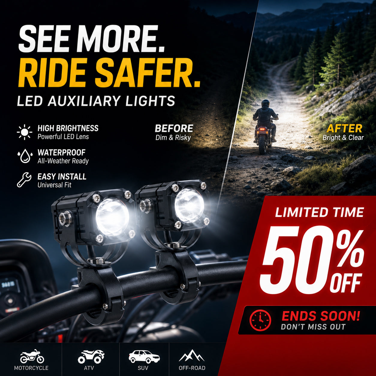 🎉 2026 Sale — Over 40,000 Sold! 🏍️ Universal Motorcycle LED Spotlights – Dual Beam & All-Weather Waterproof 💡
