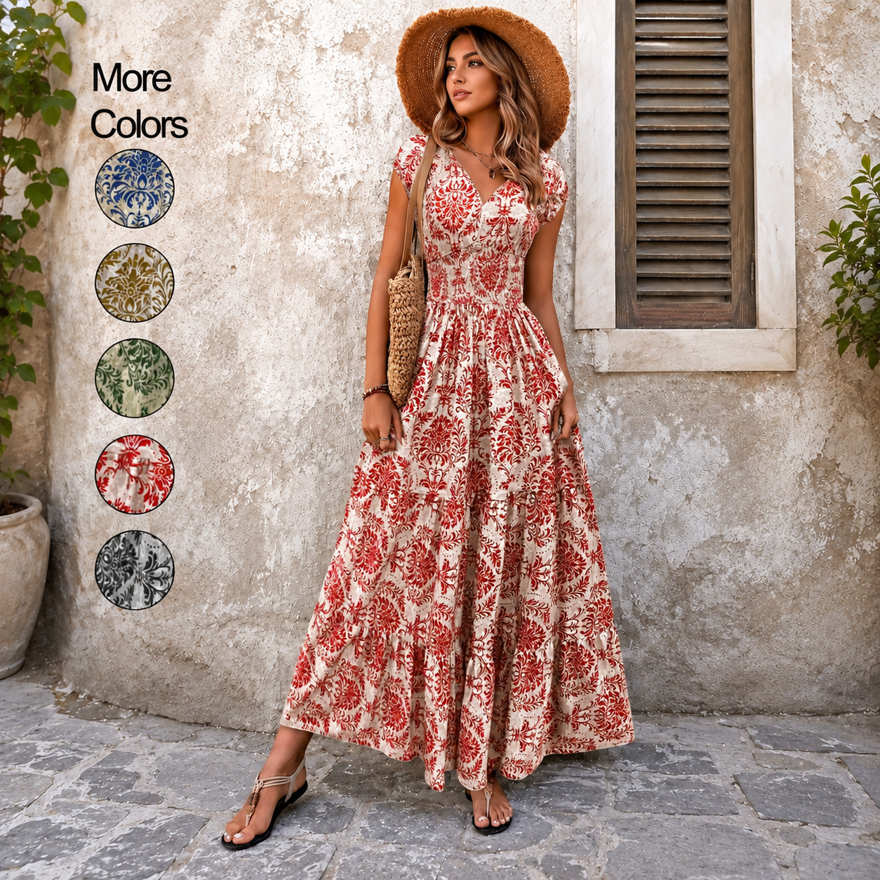 💃Women's Boho Shirred V-Neck Flowy Vacation Maxi Dress
