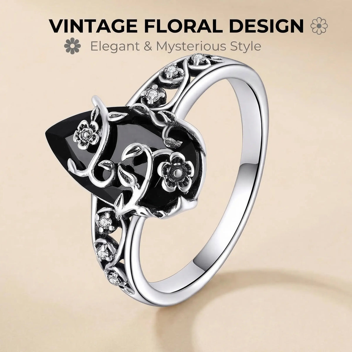 925 Sterling Silver Synthetic Obsidian Ring with Vintage Flower Design