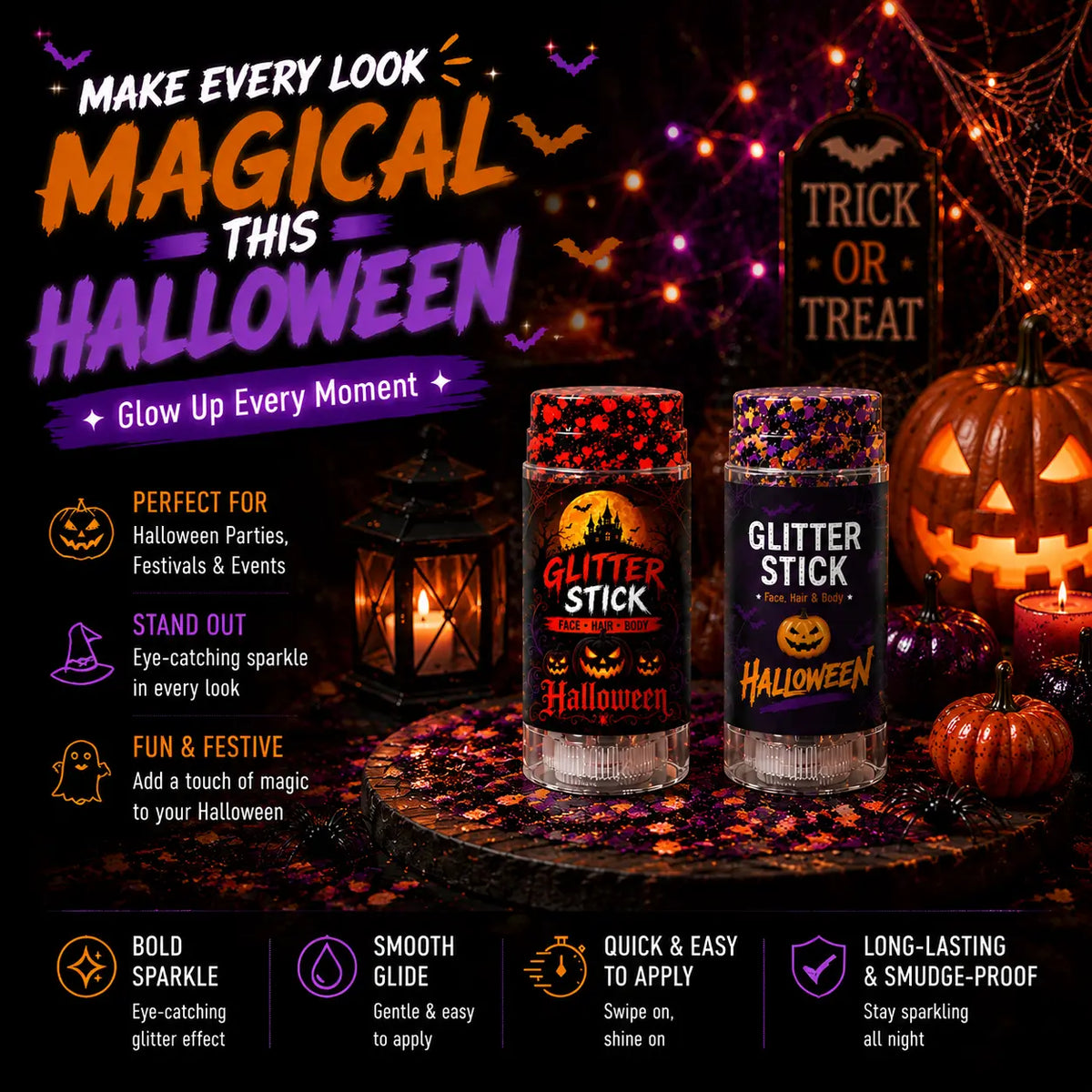 🎃 Halloween Glitter Stick – Sparkle Makeup for Face, Hair & Body | Easy Glitter Glow for Parties & Festivals
