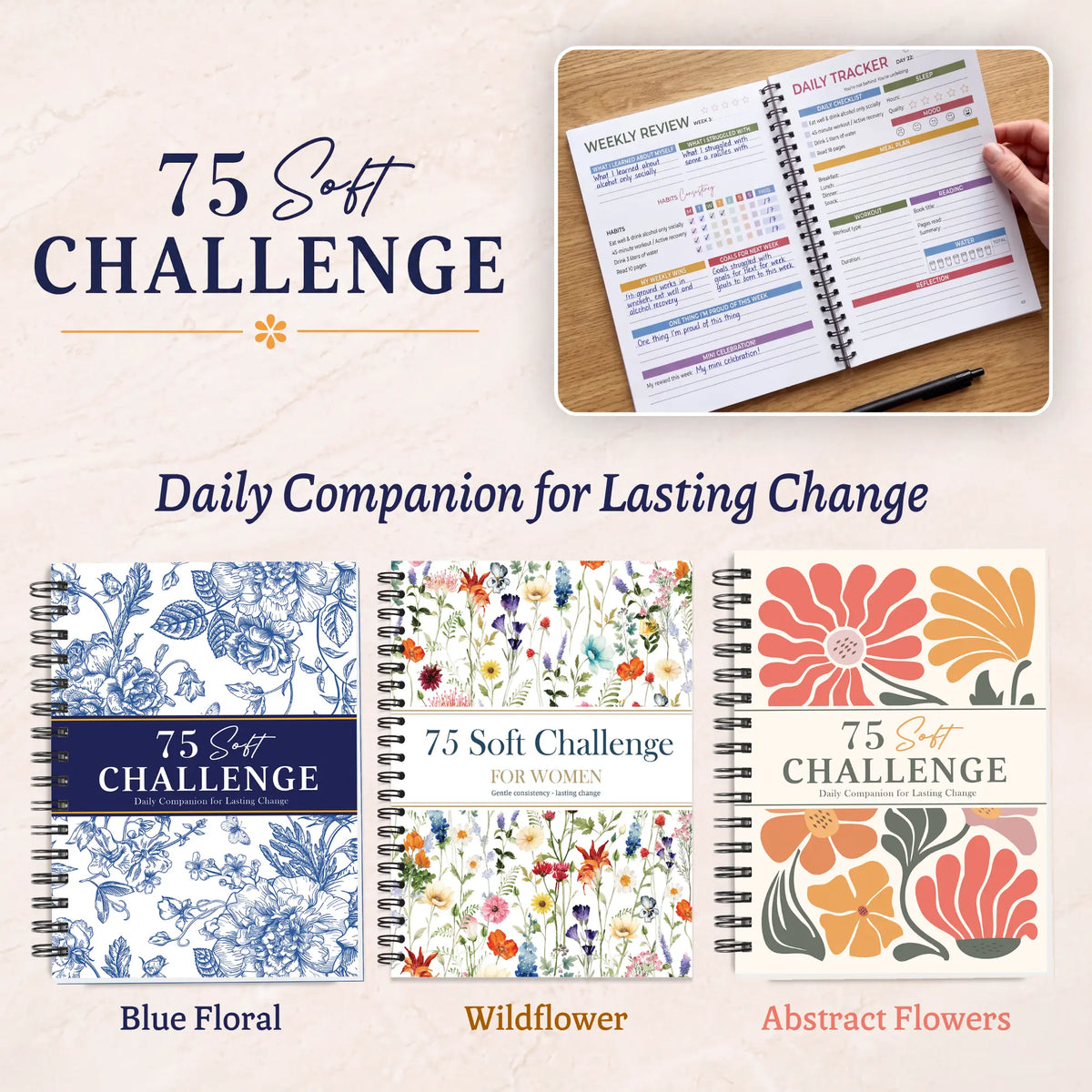 "75 Soft" Challenge Journal for Women: A5 Spiral-Bound 75-Day Habit Tracker—Features full-color daily logs, weekly reviews, and trackers for diet, hydration, exercise, and reading.