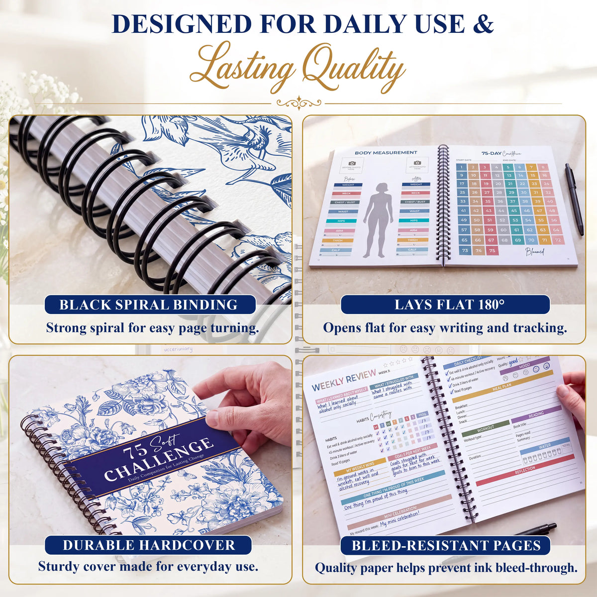 "75 Soft" Challenge Journal for Women: A5 Spiral-Bound 75-Day Habit Tracker—Features full-color daily logs, weekly reviews, and trackers for diet, hydration, exercise, and reading.