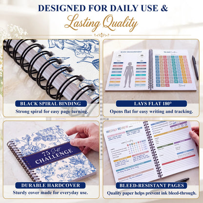 "75 Soft" Challenge Journal for Women: A5 Spiral-Bound 75-Day Habit Tracker—Features full-color daily logs, weekly reviews, and trackers for diet, hydration, exercise, and reading.