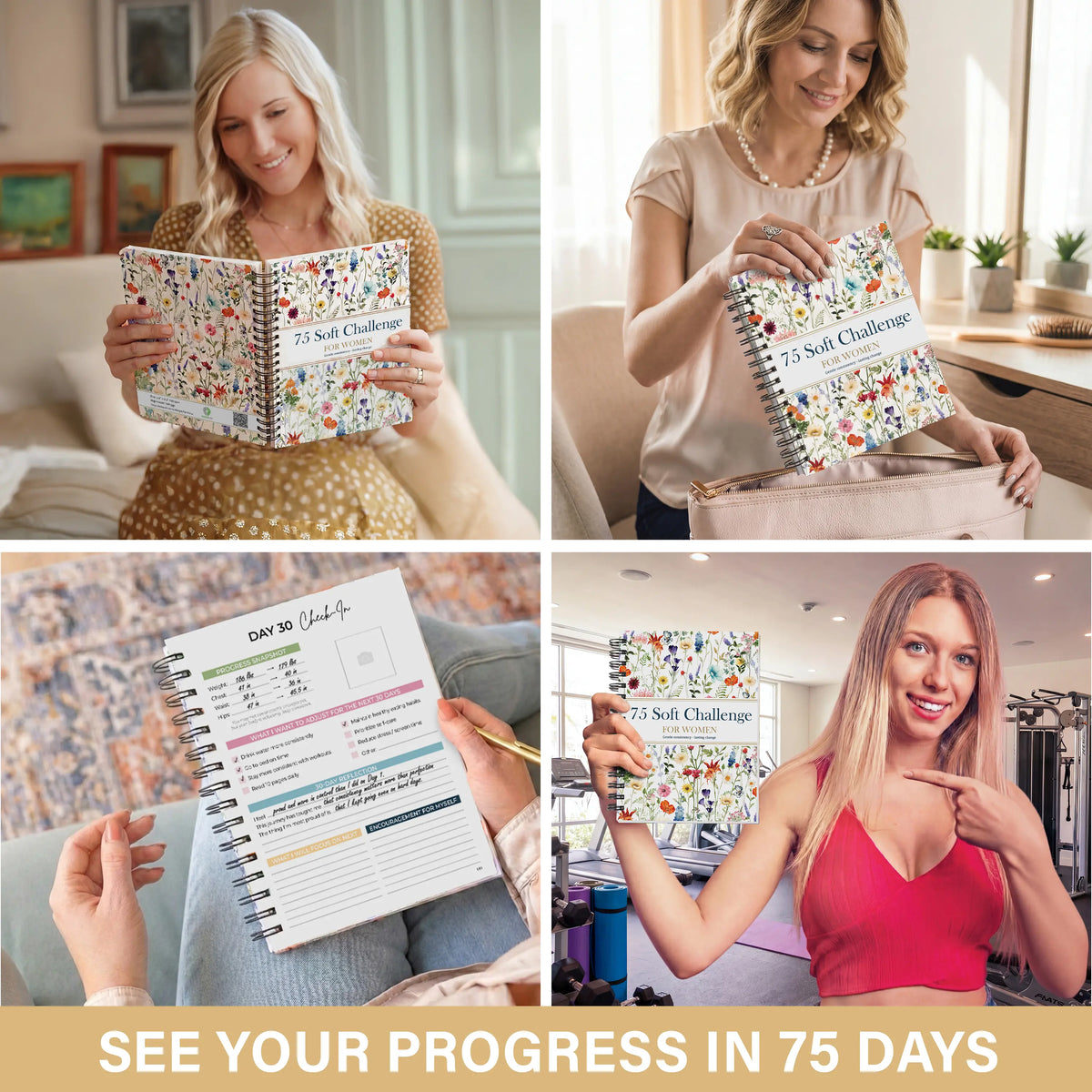 "75 Soft" Challenge Journal for Women: A5 Spiral-Bound 75-Day Habit Tracker—Features full-color daily logs, weekly reviews, and trackers for diet, hydration, exercise, and reading.