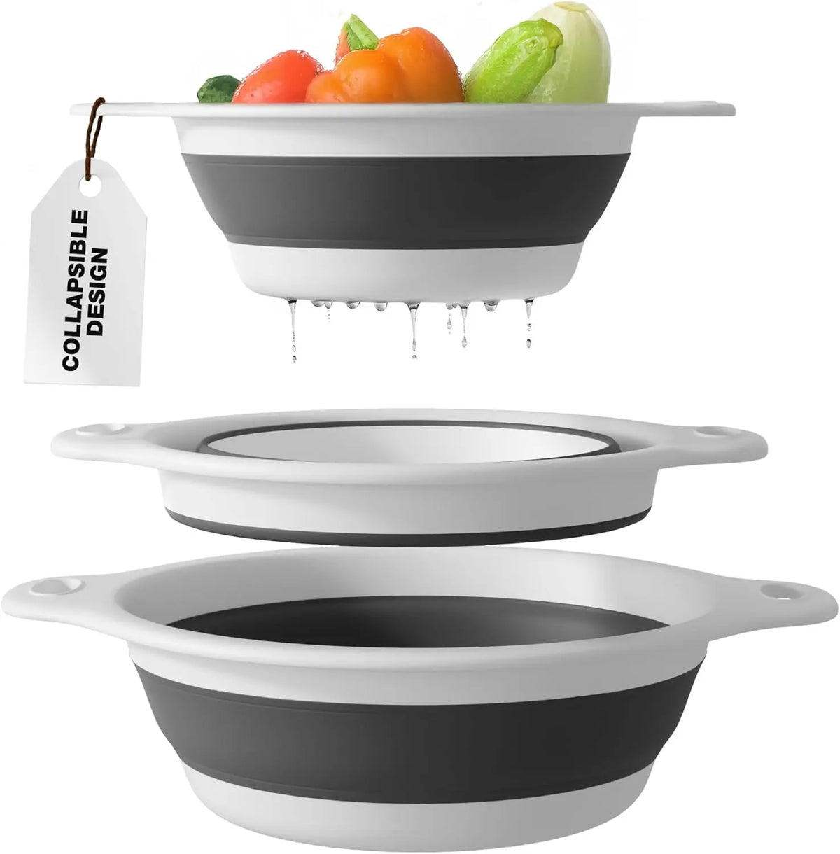 🥬💧 Gevoli 3-Pack Collapsible Colander Set with Self-Draining Base – 3QT, 4QT & 5QT