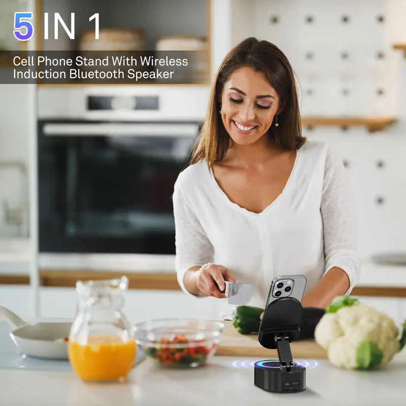 🔊📱5-in-1 Wireless Smartphone Speaker Stand – Bluetooth Audio, LED Light & Power Bank ✨
