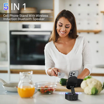 🔊📱5-in-1 Wireless Smartphone Speaker Stand – Bluetooth Audio, LED Light & Power Bank ✨