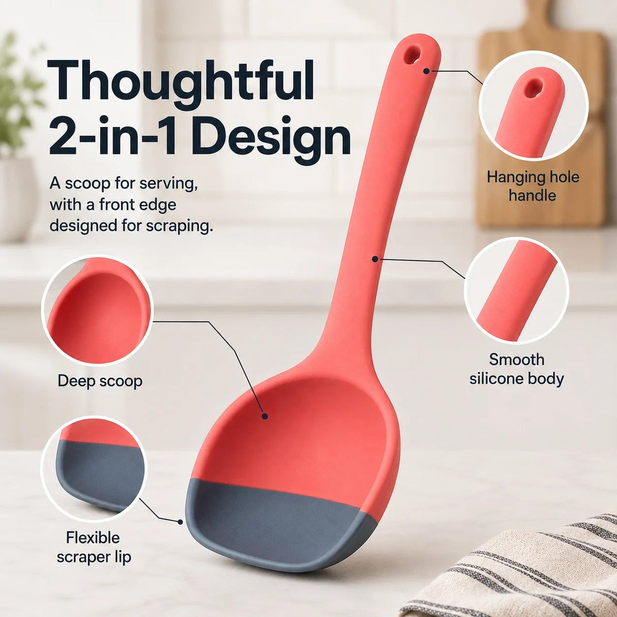 🎉🥄 2-in-1 Silicone Scoop & Scraper Spoon – Multi-Purpose Cooking & Serving Utensil