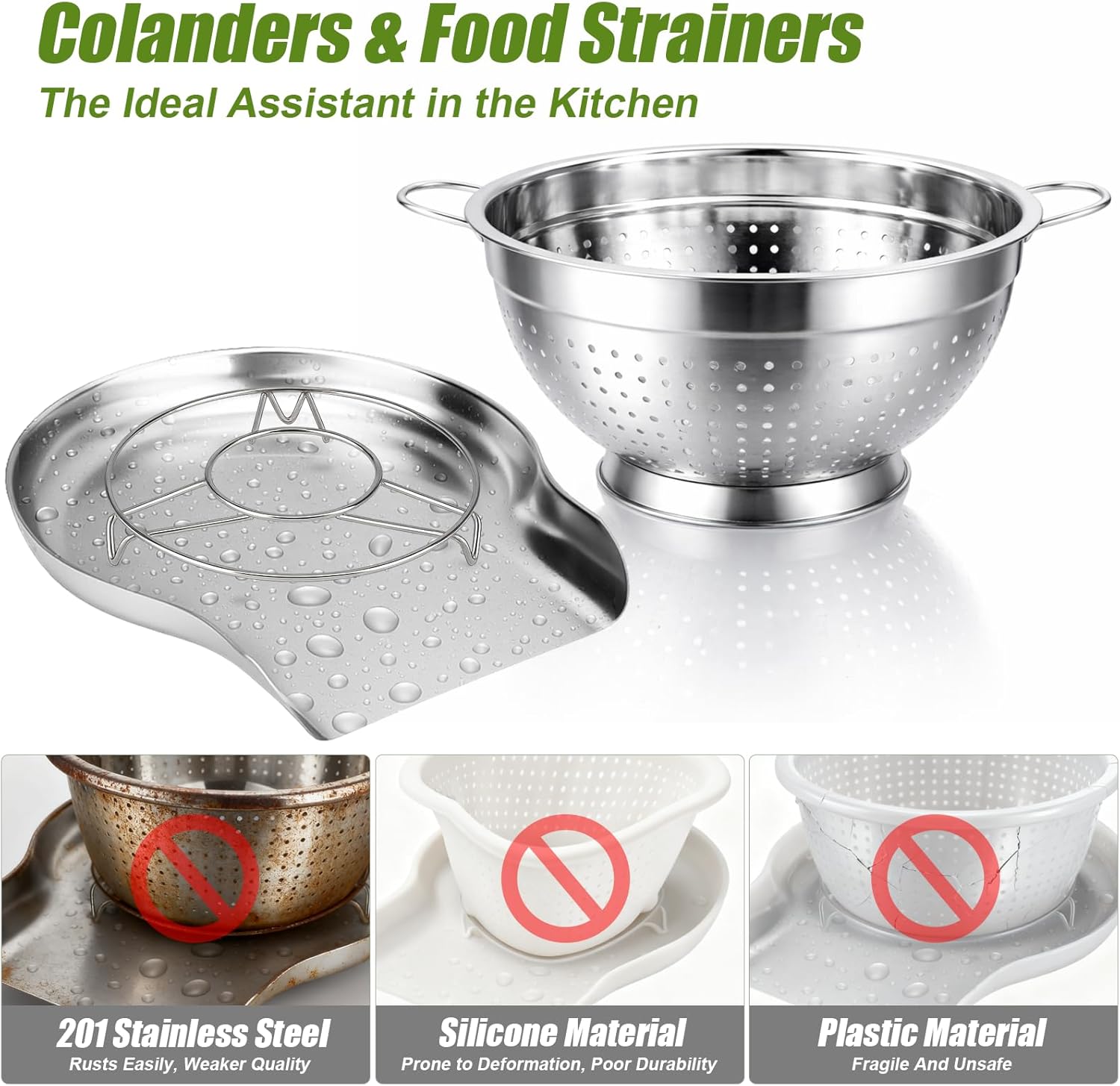 Colander and Strainer Self Drainer Base Plate Stainless Steel for Kitchen