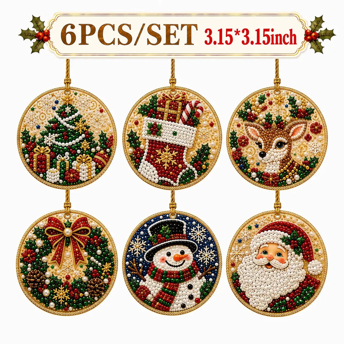 🔥🎁6Pcs/12Pcs Christmas DIY Diamond Painting Ornaments Kit, Xmas Tree Hanging Pendant🎄