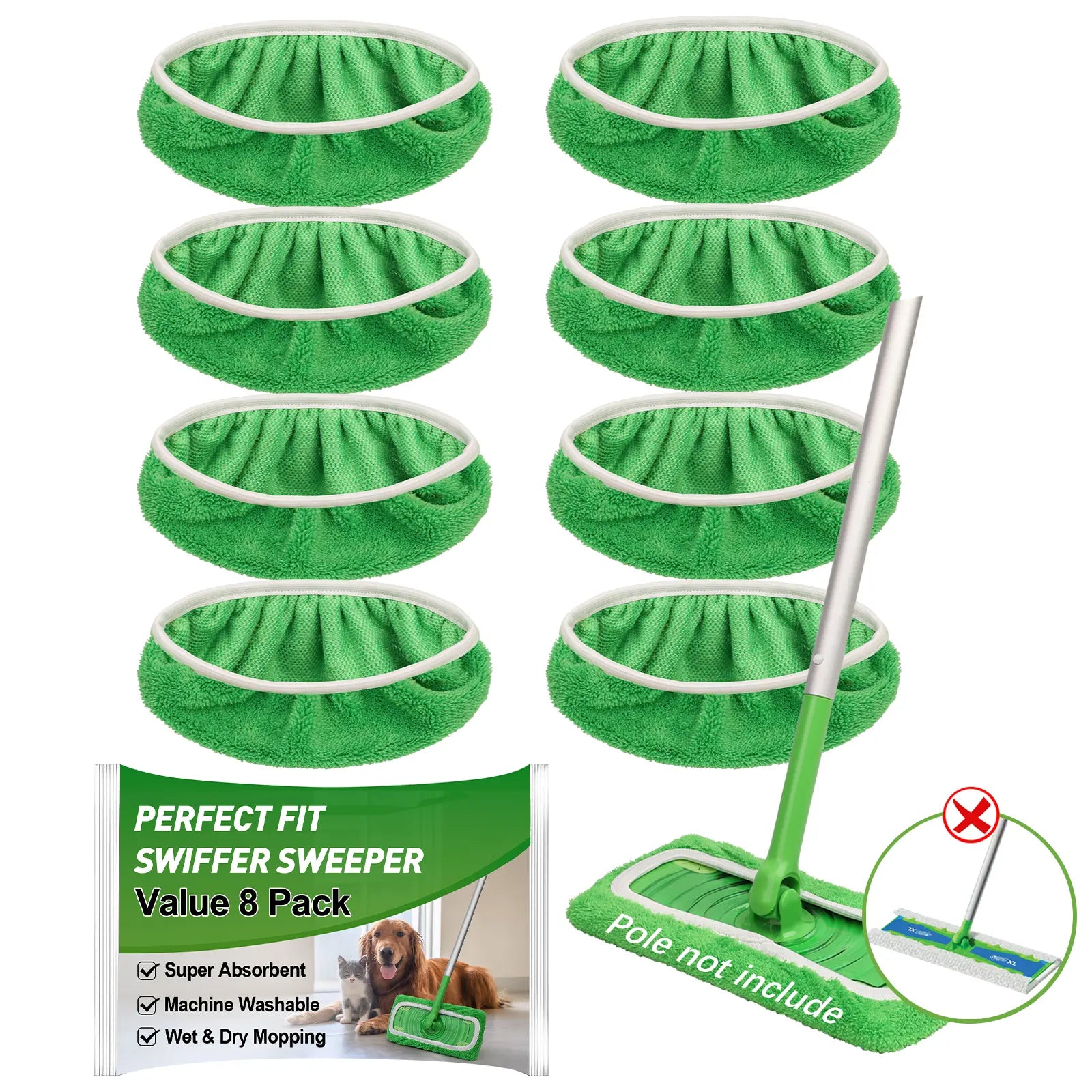 8Pcs Microfiber Mop Pads Compatible with Swiffer Sweeper Mop Wet and Dry Flat mop Cover Replacement Reusable Sweeping pad Refills Handle Not Include