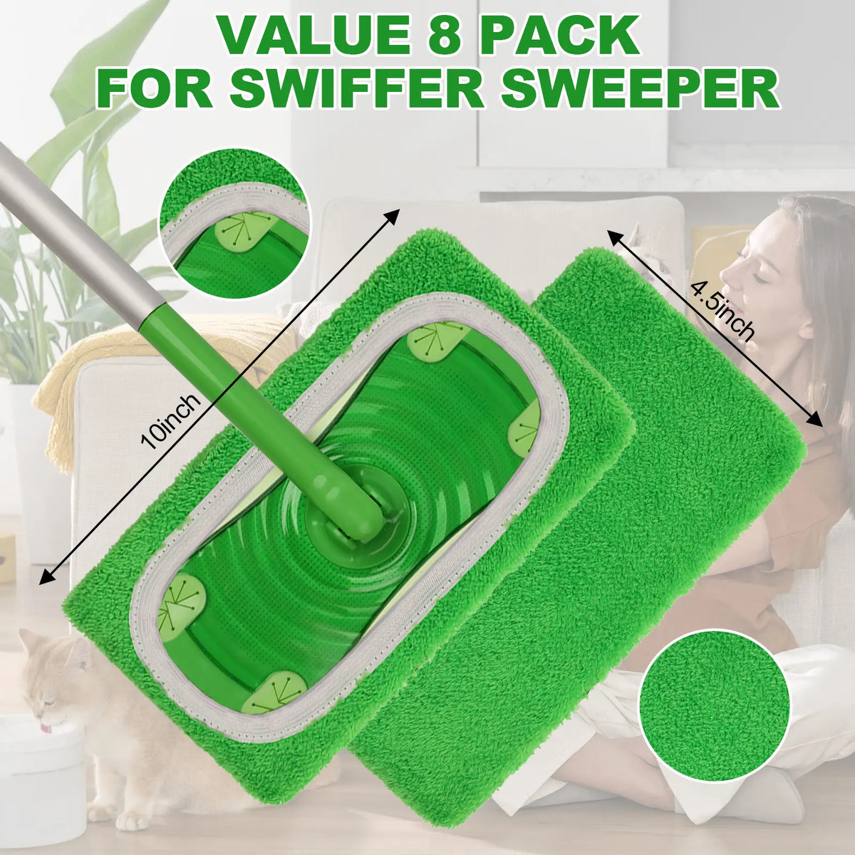 8Pcs Microfiber Mop Pads Compatible with Swiffer Sweeper Mop Wet and Dry Flat mop Cover Replacement Reusable Sweeping pad Refills Handle Not Include