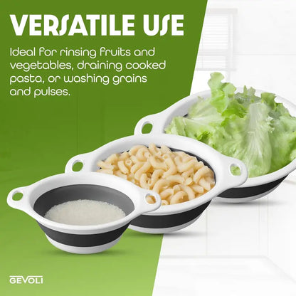 🥬💧 Gevoli 3-Pack Collapsible Colander Set with Self-Draining Base – 3QT, 4QT & 5QT