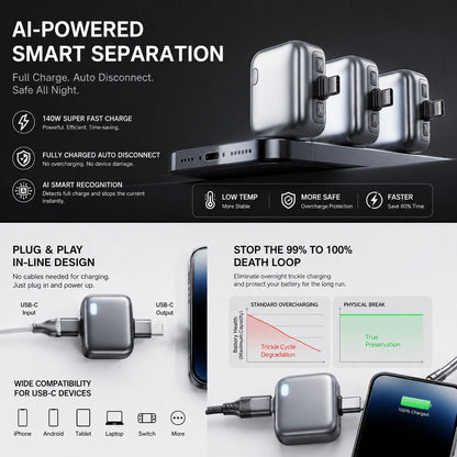 140W Physical-Disconnect Battery Guard, auto&self eject charger,Smart Auto-Stop Charging Accessory for Mobile Smartphones & Handheld Devices