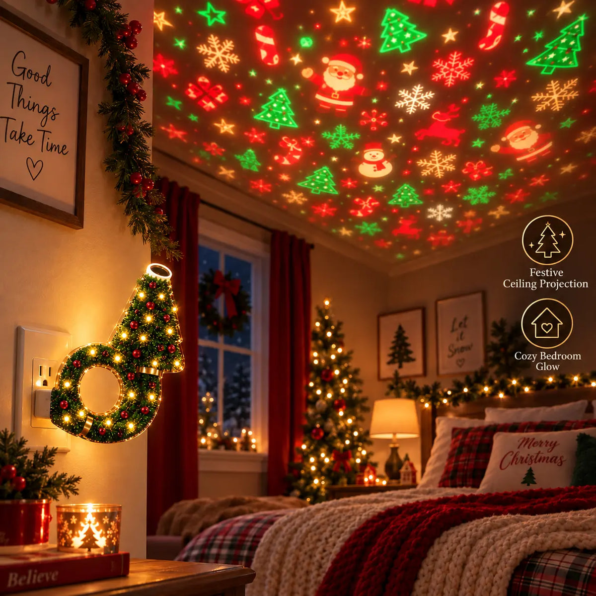 🎄 2026 Christmas Projector Night Light – USB Plug-In Holiday Projector Lamp | 6+ Festive Patterns for Bedroom, Party & Christmas Décor