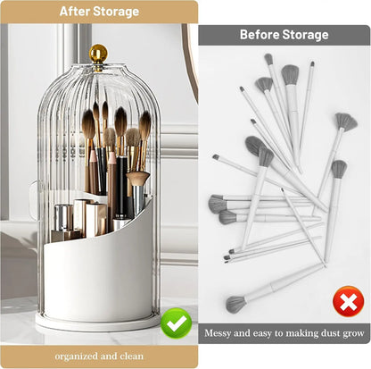 💄🔄 360° Rotating Makeup Brush Organizer – Clear Acrylic Cosmetic Storage Holder with Dust-Proof Lid ✨