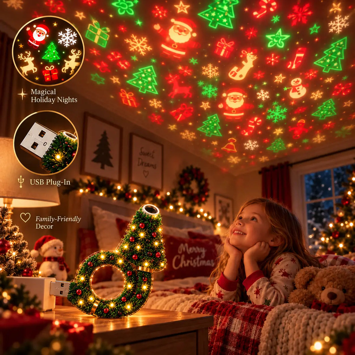 🎄 2026 Christmas Projector Night Light – USB Plug-In Holiday Projector Lamp | 6+ Festive Patterns for Bedroom, Party & Christmas Décor