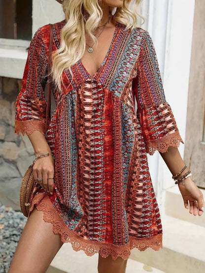 Women's Bohemian Print V-Neck Dress