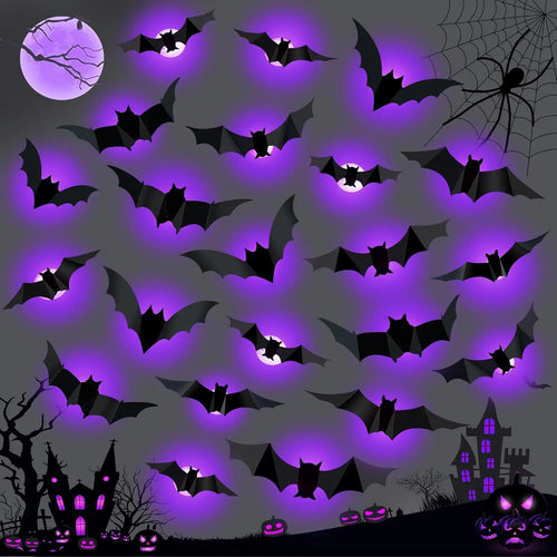 🦇🦇Create a Spooky Glow – 36PCS Purple LED 3D Bats for Halloween Décor