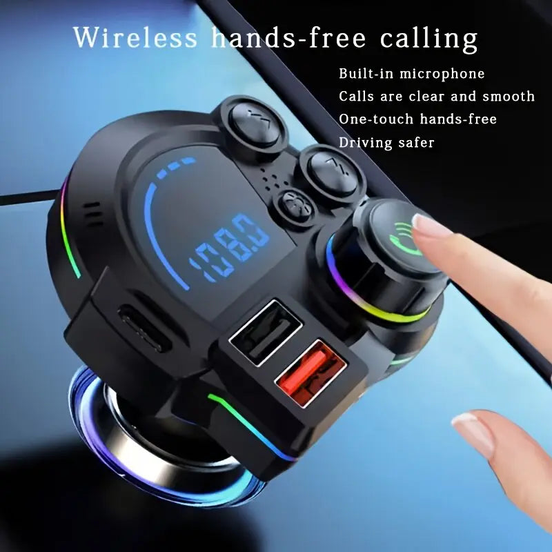 🚗 20W Bluetooth 5.3 FM Transmitter Car Charger – Fast Charging, Hands-Free Calls & RGB Ambient Lighting