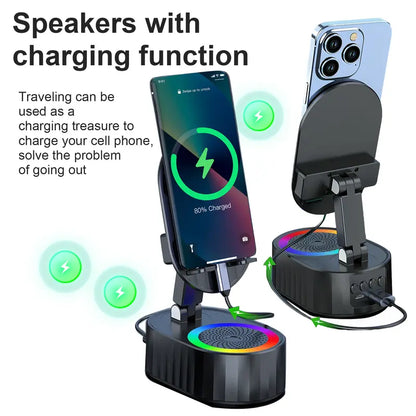 🔊📱5-in-1 Wireless Smartphone Speaker Stand – Bluetooth Audio, LED Light & Power Bank ✨