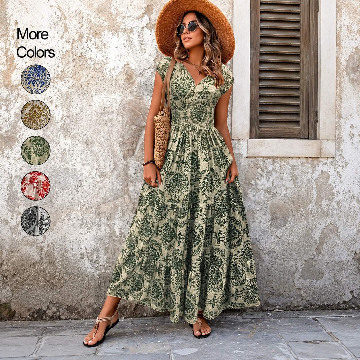 💃Women's Boho Shirred V-Neck Flowy Vacation Maxi Dress