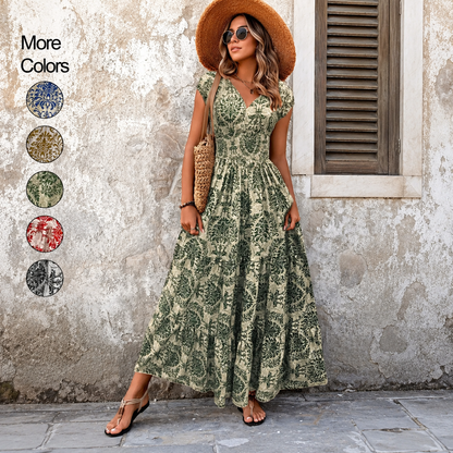 💃Women's Boho Shirred V-Neck Flowy Vacation Maxi Dress