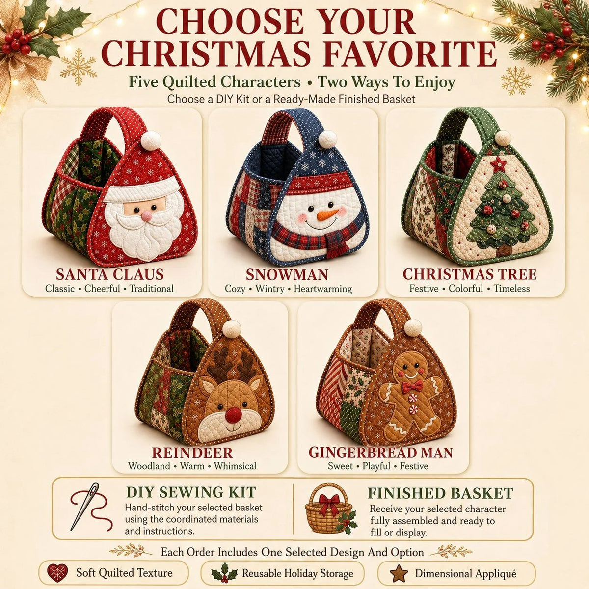 💯⏳  49% OFF – 🎄 Christmas Character Quilted Carry Basket | Padded Patchwork Fabrics, Layered Appliqué & Soft Carry Handle in DIY Kit or Ready-Made Styles 🎁✨