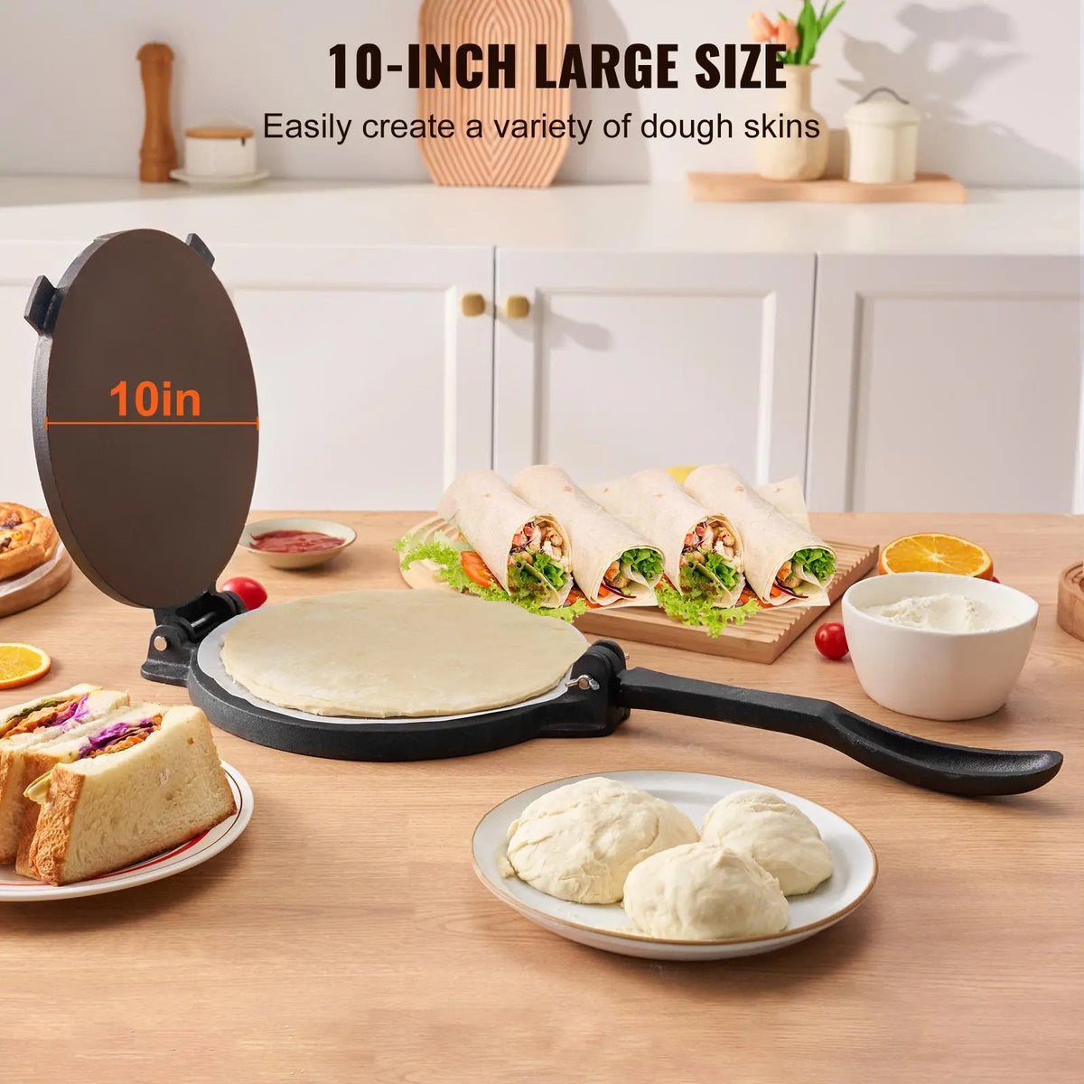 10-inch tortilla press—suitable for making tortillas, pita bread, flatbreads, and pancakes.