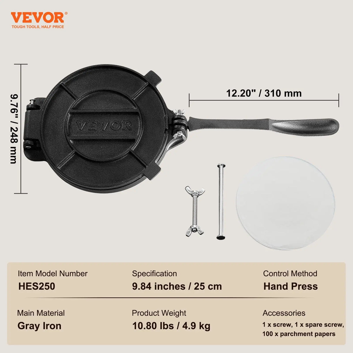 10-inch tortilla press—suitable for making tortillas, pita bread, flatbreads, and pancakes.