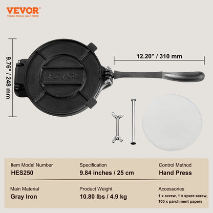 10-inch tortilla press—suitable for making tortillas, pita bread, flatbreads, and pancakes.