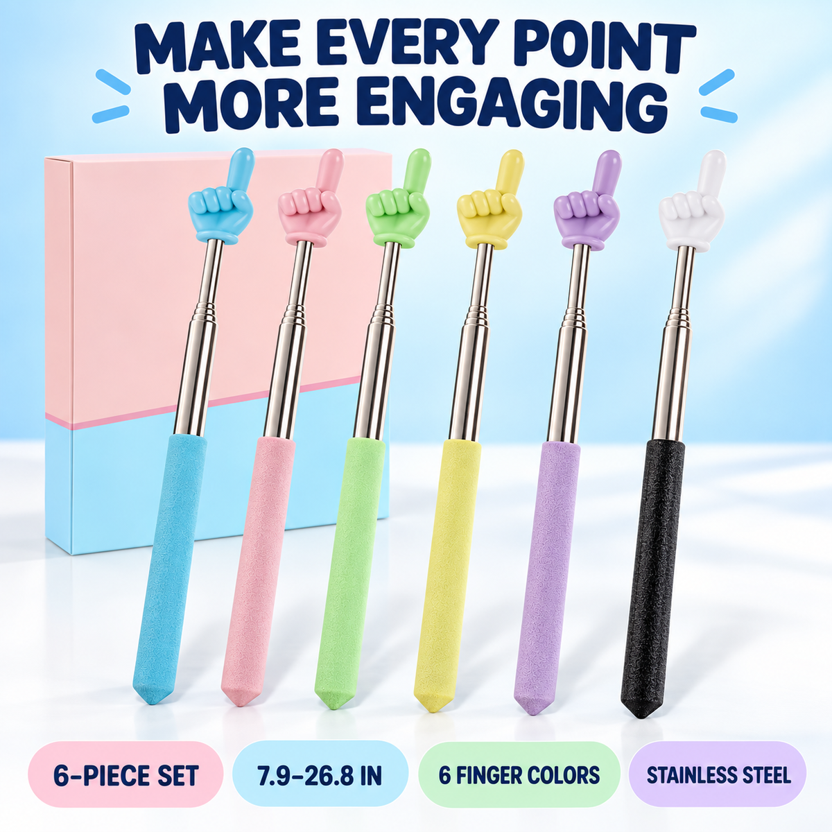 👉📚 6PCS Telescopic Finger Pointer Sticks – Extendable Teaching & Presentation Tools ✨