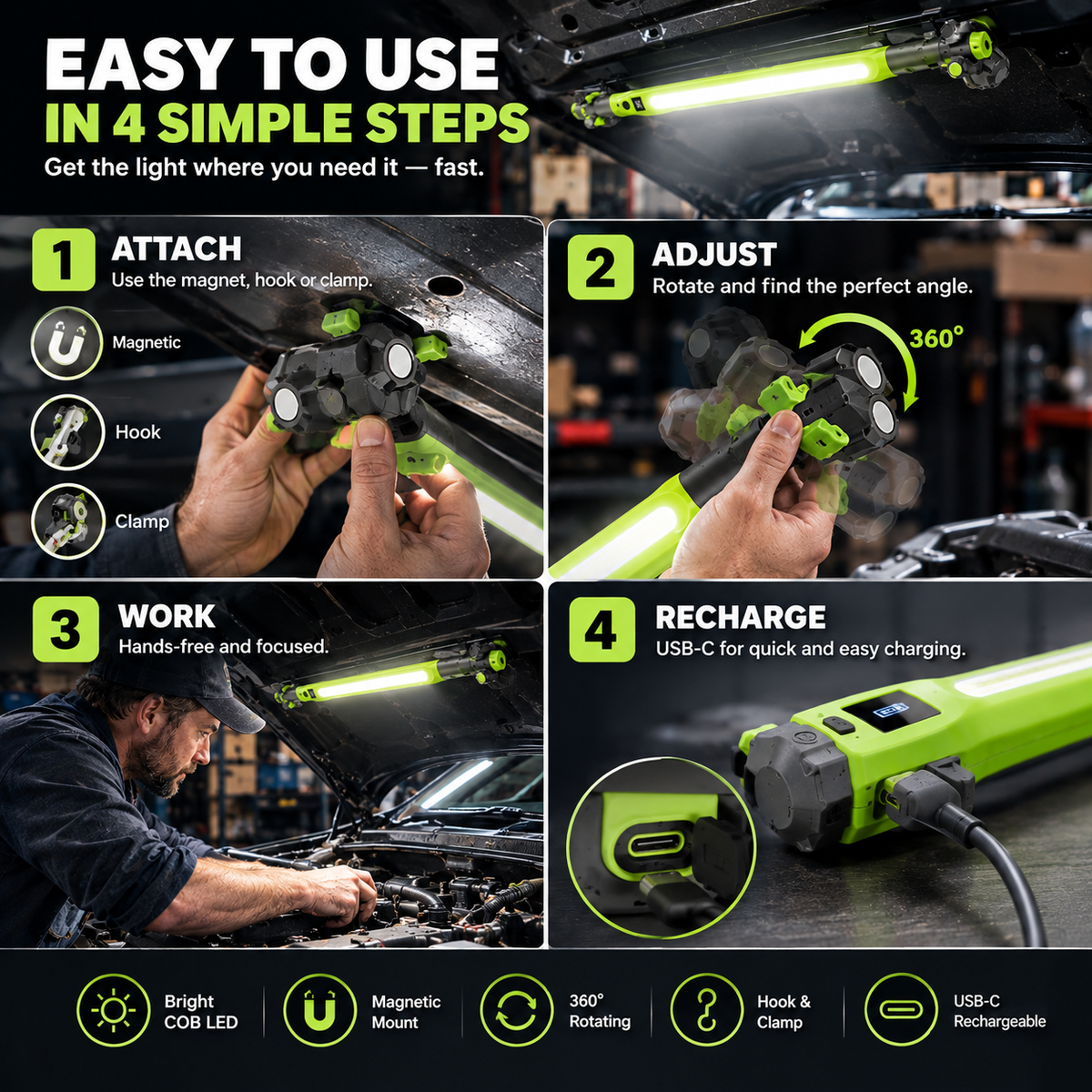 🔦 Rechargeable COB LED Work Light | Magnetic 360° Garage Repair Lamp