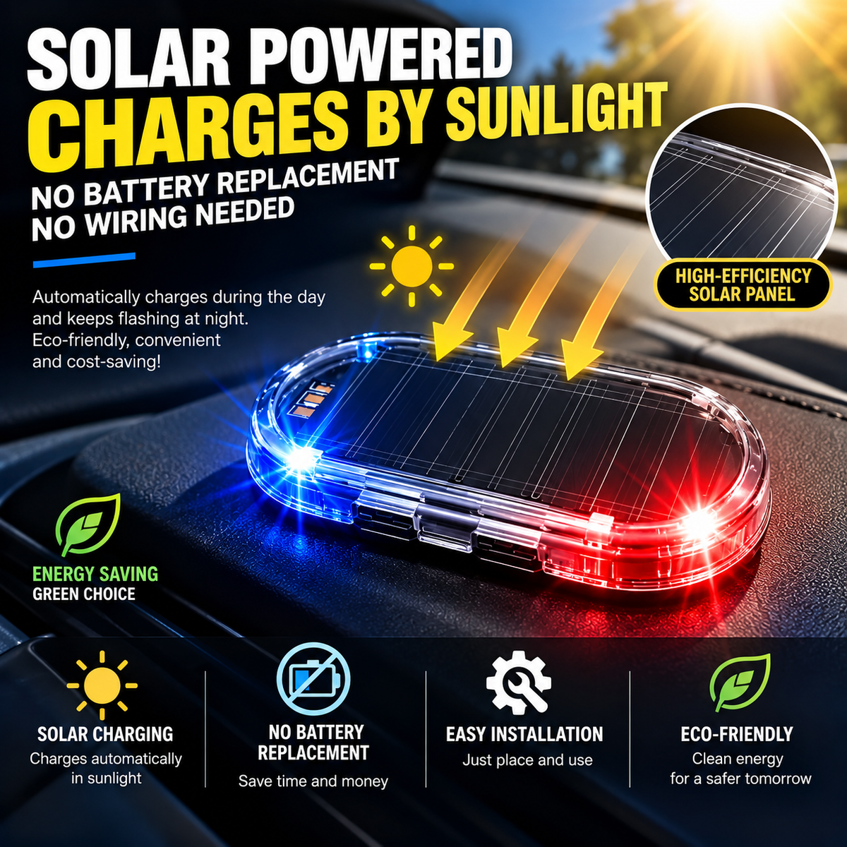 🚨 Solar Fake Car Alarm Light – LED Security Warning Flashing Simulator