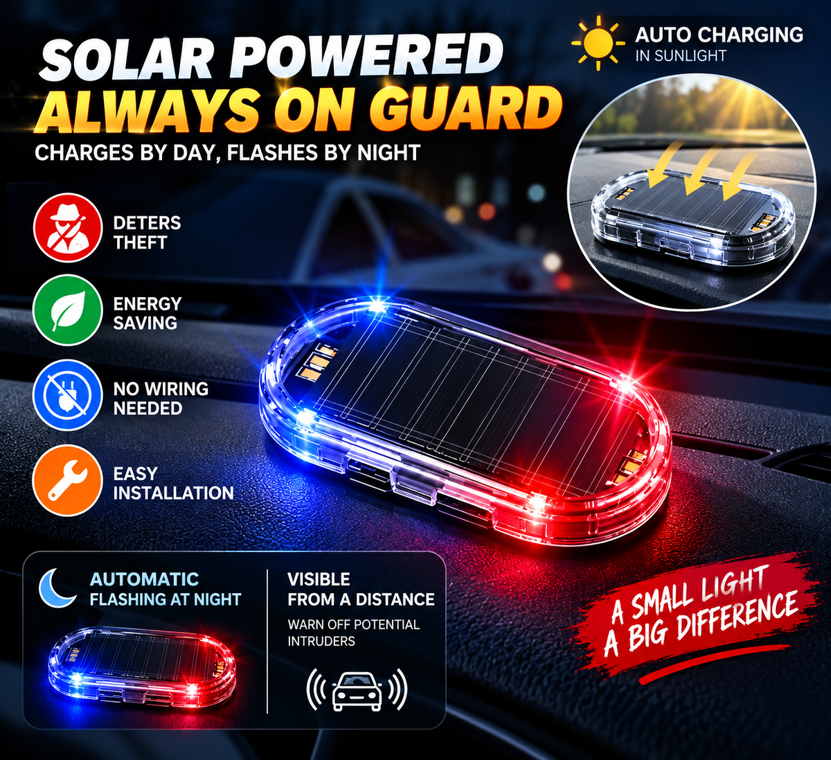 🚨 Solar Fake Car Alarm Light – LED Security Warning Flashing Simulator