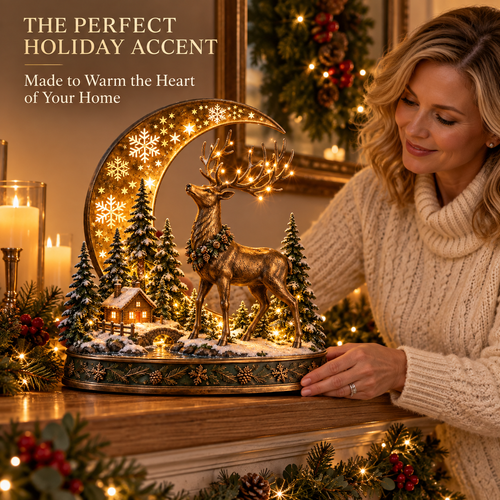 🎄🦌 Woodland Reindeer Moonlight Village – Lighted Christmas Tabletop Décor ✨