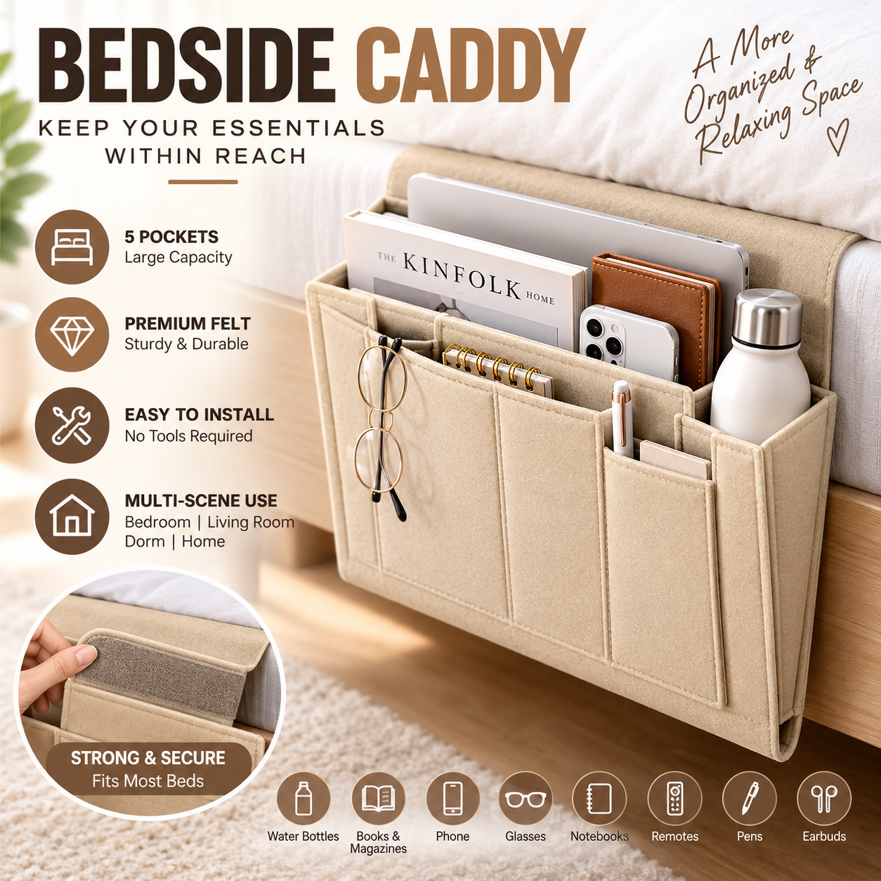 🛏️50% OFF NOW! Bedside Storage Organizer – 5-Pocket Felt Hanging Bed Caddy