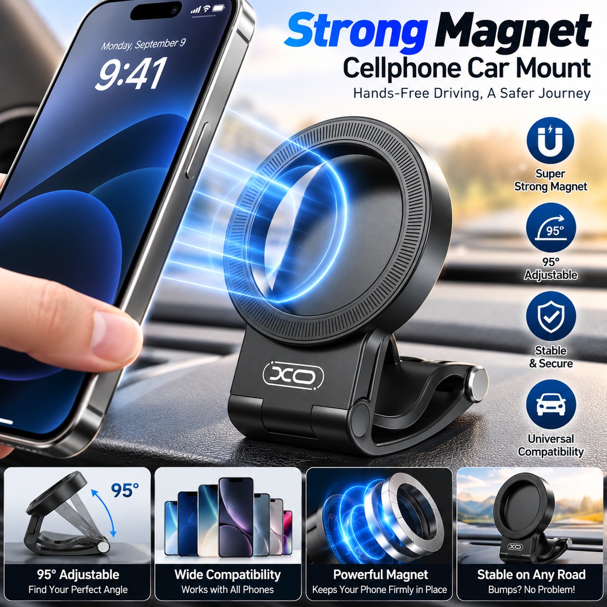 Strong Magnet Magnetic Cellphone Car Mount - Hands-Free Phone Holder, 95° Adjustable