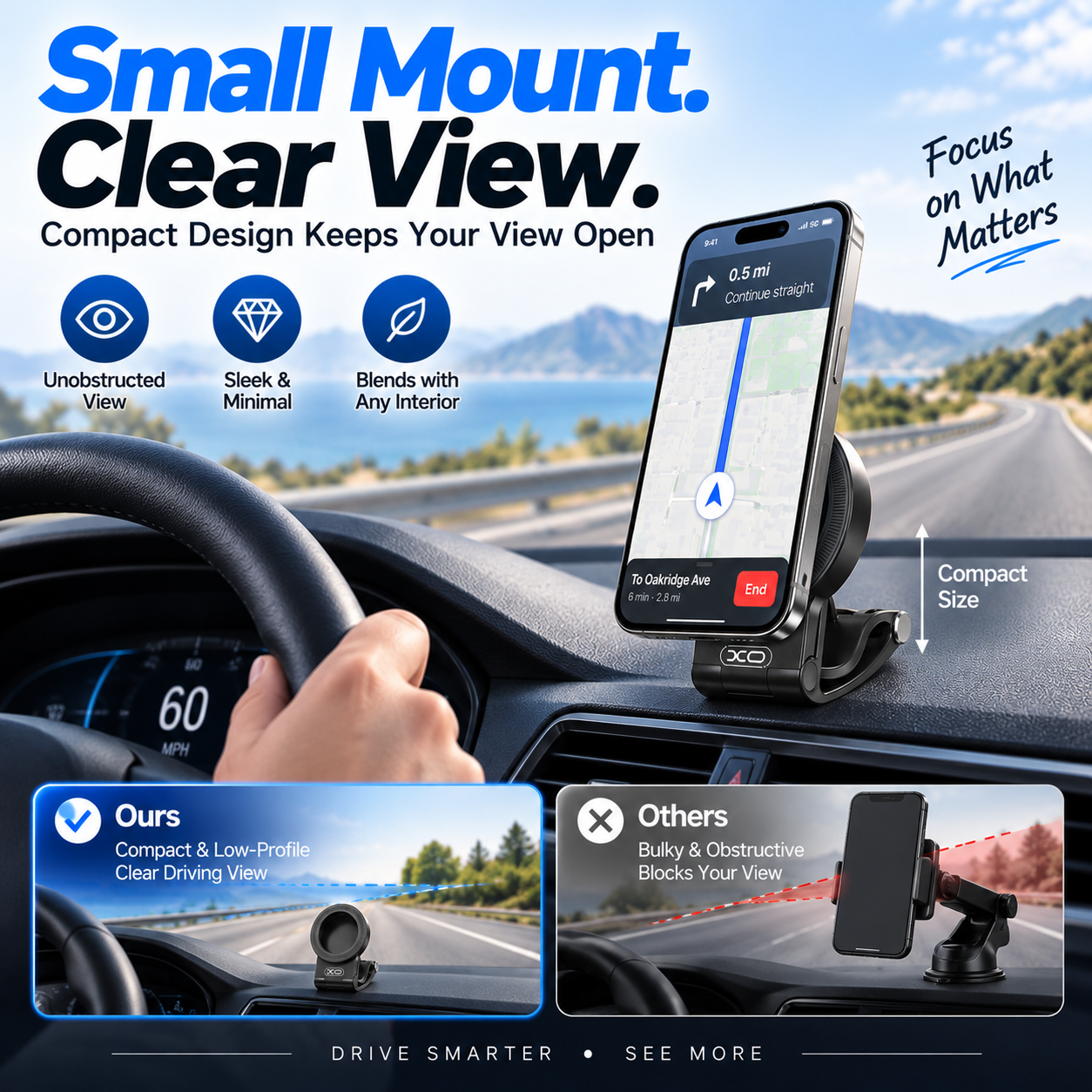 Strong Magnet Magnetic Cellphone Car Mount - Hands-Free Phone Holder, 95° Adjustable