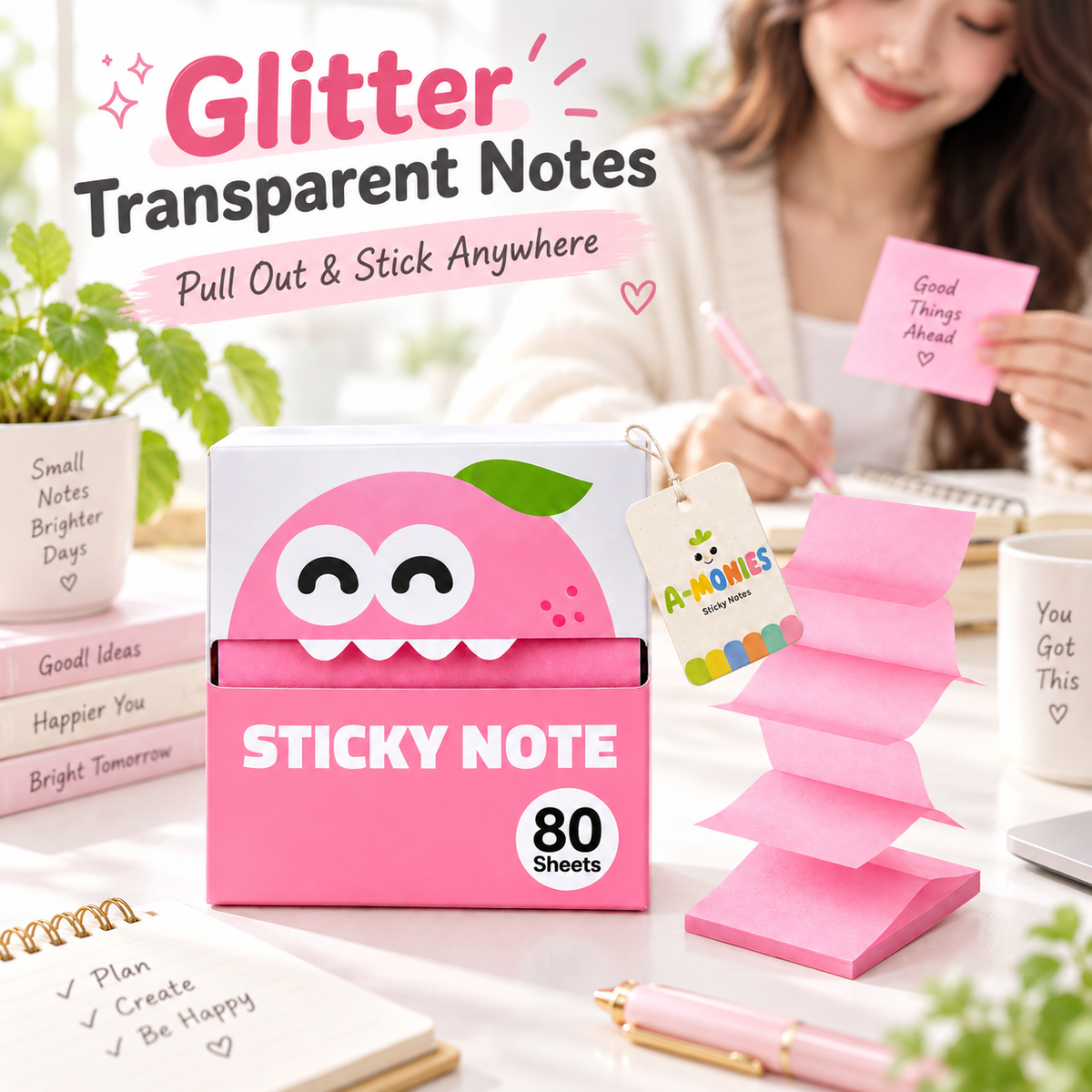 ✨ Glitter Transparent Pull-Out Sticky Notes & Aesthetic Memo Pads