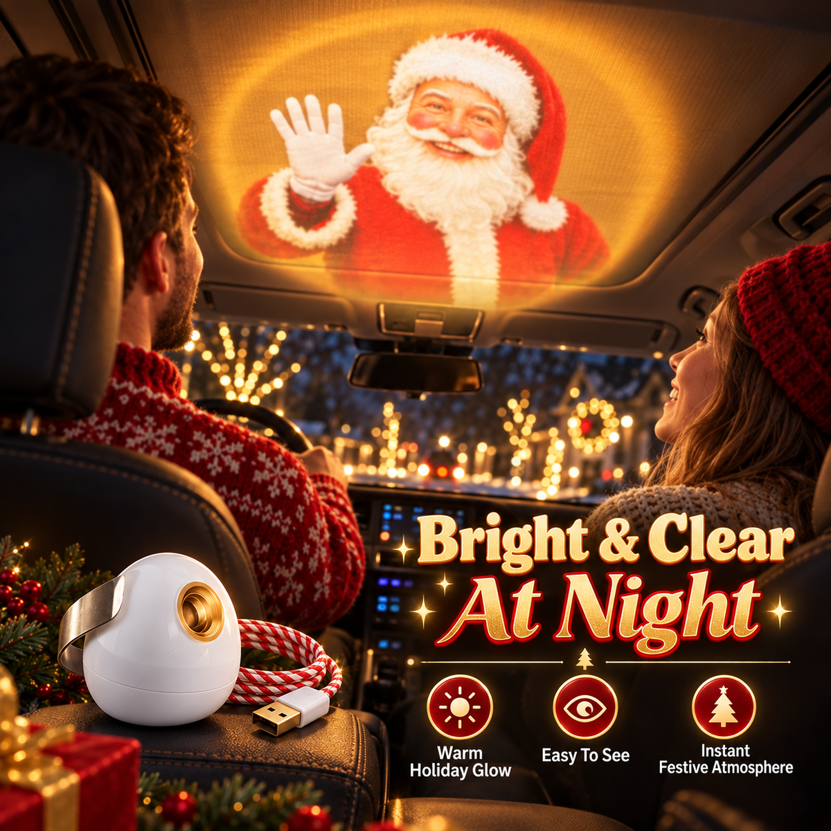 🎅 Santa Beam™ Christmas Car Projector🎄– USB Holiday Projection Light with 6 Santa Films！！！✨