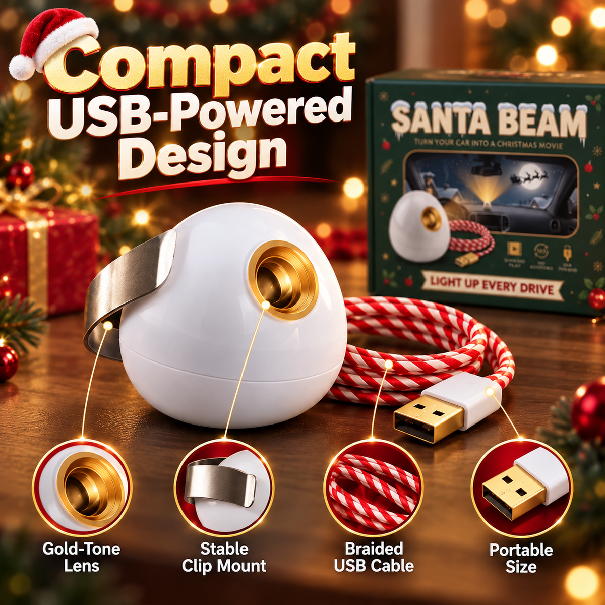 🎅 Santa Beam™ Christmas Car Projector🎄– USB Holiday Projection Light with 6 Santa Films！！！✨